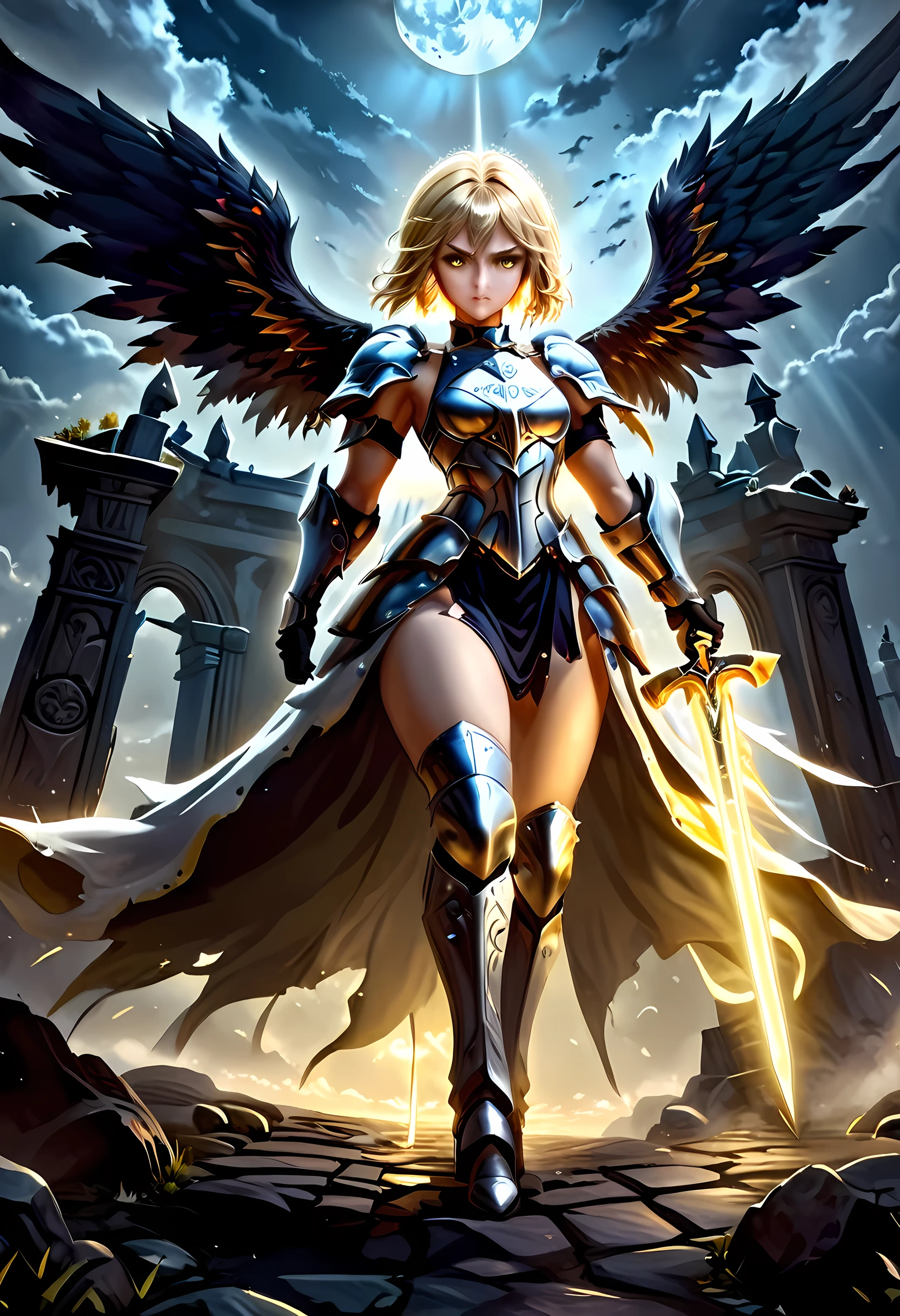 16K, ultra detailed, masterpiece, best quality, (extremely detailed), arafed, dnd art, portrait, full body, aasimar, female, (Masterpiece 1.3, intense details), female, paladin, holy warrior fighting undead (Masterpiece 1.3, intense details) large angelic wings, white angelic wings spread (Masterpiece 1.3, intense details), dark fantasy cemetery background, moon light, moon, stars, clouds, wearing (white: 1.1)  armor (Masterpiece 1.3, intense details), holy symbol, armed with sword, short blond hair,  detailed face, (Masterpiece 1.5, best quality), anatomically correct (Masterpiece 1.3, intense details), angel_wings, determined face, god rays, cinematic lighting, glowing light, silhouette, from outside, photorealism, panoramic view  (Masterpiece 1.3, intense details) , Wide-Angle, Ultra-Wide Angle, 8k, highres, best quality, high details, armored dress