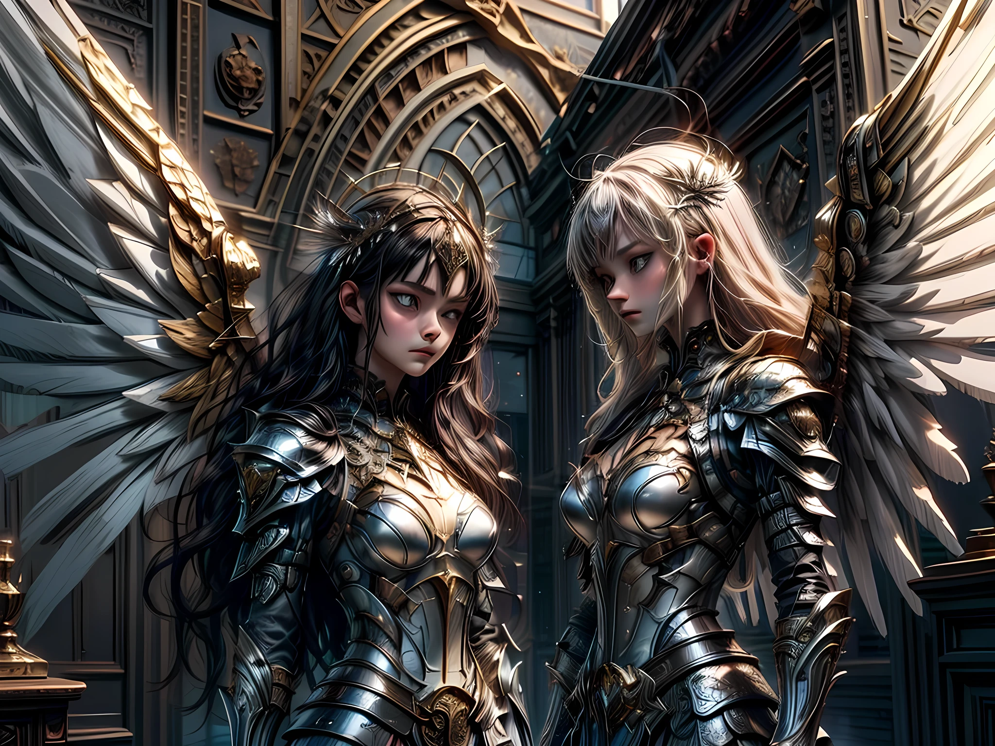 16K, ultra detailed, masterpiece, best quality, (extremely detailed), arafed, dnd art, portrait, full body, aasimar, female, (Masterpiece 1.3, intense details), female, paladin, holy warrior fighting undead (Masterpiece 1.3, intense details) large angelic wings, white angelic wings spread (Masterpiece 1.3, intense details), dark fantasy cemetery background, moon light, moon, stars, clouds, wearing (white: 1.1)  armor (Masterpiece 1.3, intense details), holy symbol, armed with sword, short blond hair,  detailed face, (Masterpiece 1.5, best quality), anatomically correct (Masterpiece 1.3, intense details), angel_wings, determined face, god rays, cinematic lighting, glowing light, silhouette, from outside, photorealism, panoramic view  (Masterpiece 1.3, intense details) , Wide-Angle, Ultra-Wide Angle, 8k, highres, best quality, high details, armored dress