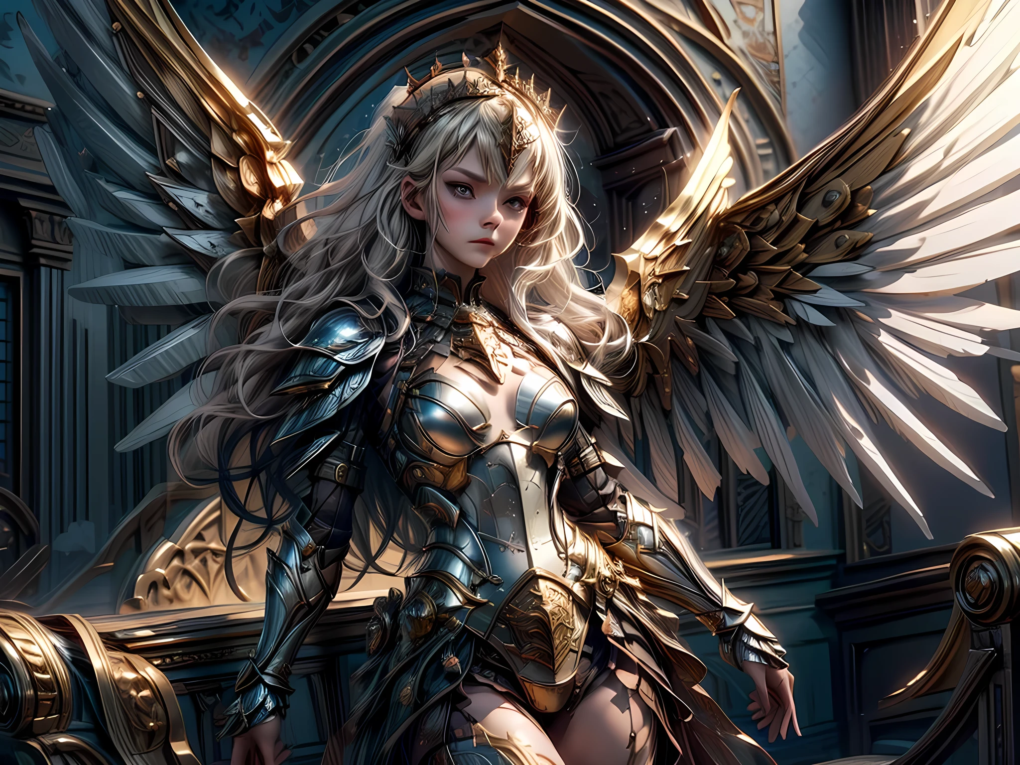 16K, ultra detailed, masterpiece, best quality, (extremely detailed), arafed, dnd art, portrait, full body, aasimar, female, (Masterpiece 1.3, intense details), female, paladin, holy warrior fighting undead (Masterpiece 1.3, intense details) large angelic wings, white angelic wings spread (Masterpiece 1.3, intense details), dark fantasy cemetery background, moon light, moon, stars, clouds, wearing (white: 1.1)  armor (Masterpiece 1.3, intense details), holy symbol, armed with sword, short blond hair,  detailed face, (Masterpiece 1.5, best quality), anatomically correct (Masterpiece 1.3, intense details), angel_wings, determined face, god rays, cinematic lighting, glowing light, silhouette, from outside, photorealism, panoramic view  (Masterpiece 1.3, intense details) , Wide-Angle, Ultra-Wide Angle, 8k, highres, best quality, high details, armored dress