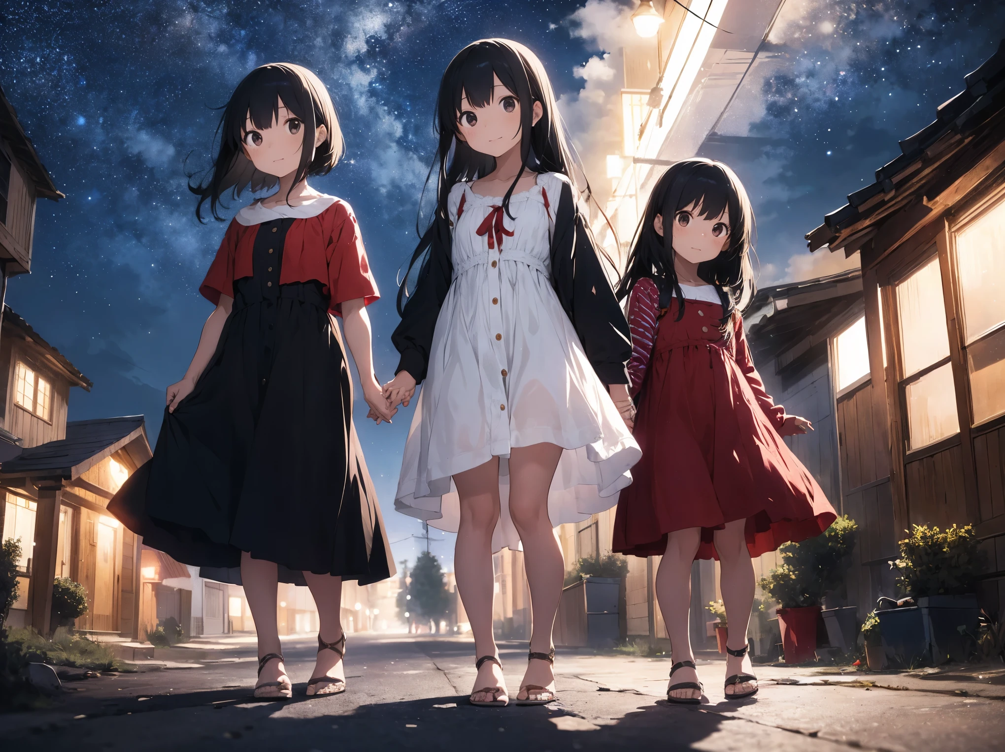 Starry Sky、Girl with long black hair、Light red and white striped dress、Bare feet and sandals、sisters apart in age、Standing posture、Kindergartener&#39;s sister、College student sister、Hold hands