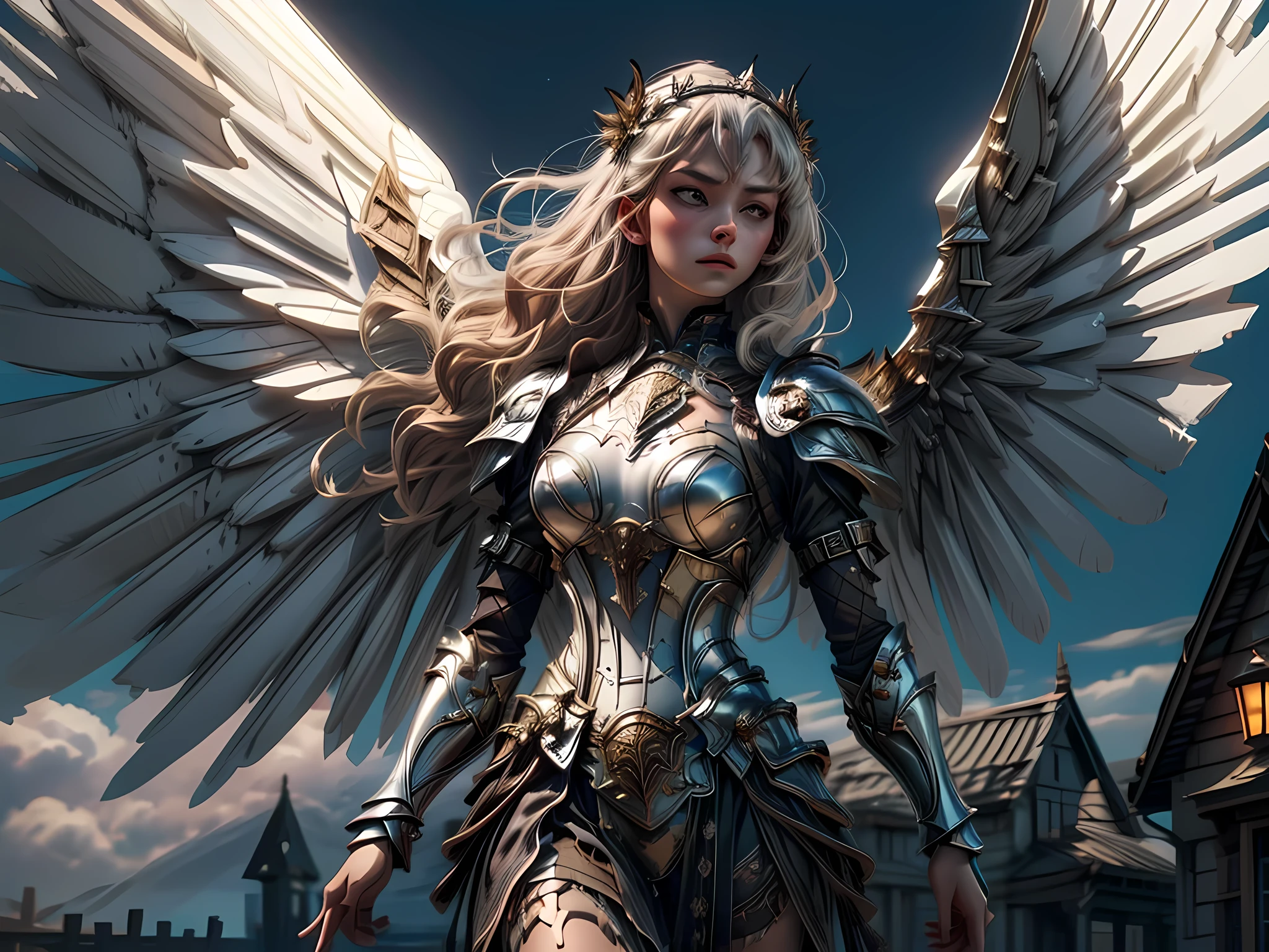 16K, ultra detailed, masterpiece, best quality, (extremely detailed), arafed, dnd art, portrait, full body, aasimar, female, (Masterpiece 1.3, intense details), female, paladin, holy warrior fighting undead (Masterpiece 1.3, intense details) large angelic wings, white angelic wings spread (Masterpiece 1.3, intense details), dark fantasy cemetery background, moon light, moon, stars, clouds, wearing (white: 1.1)  armor (Masterpiece 1.3, intense details), holy symbol, armed with sword, short blond hair,  detailed face, (Masterpiece 1.5, best quality), anatomically correct (Masterpiece 1.3, intense details), angel_wings, determined face, god rays, cinematic lighting, glowing light, silhouette, from outside, photorealism, panoramic view  (Masterpiece 1.3, intense details) , Wide-Angle, Ultra-Wide Angle, 8k, highres, best quality, high details, armored dress