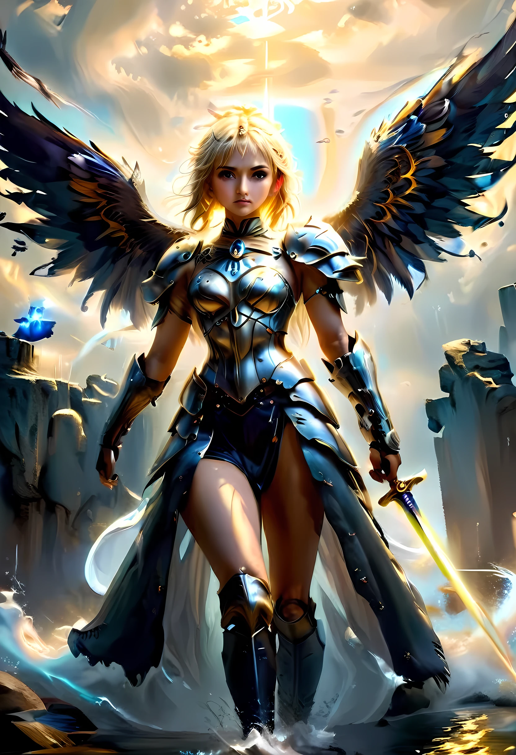 16K, ultra detailed, masterpiece, best quality, (extremely detailed), arafed, dnd art, portrait, full body, aasimar, female, (Masterpiece 1.3, intense details), female, paladin, holy warrior fighting undead (Masterpiece 1.3, intense details) large angelic wings, white angelic wings spread (Masterpiece 1.3, intense details), dark fantasy cemetery background, moon light, moon, stars, clouds, wearing (white: 1.1)  armor (Masterpiece 1.3, intense details), holy symbol, armed with sword, short blond hair,  detailed face, (Masterpiece 1.5, best quality), anatomically correct (Masterpiece 1.3, intense details), angel_wings, determined face, god rays, cinematic lighting, glowing light, silhouette, from outside, photorealism, panoramic view  (Masterpiece 1.3, intense details) , Wide-Angle, Ultra-Wide Angle, 8k, highres, best quality, high details, armored dress