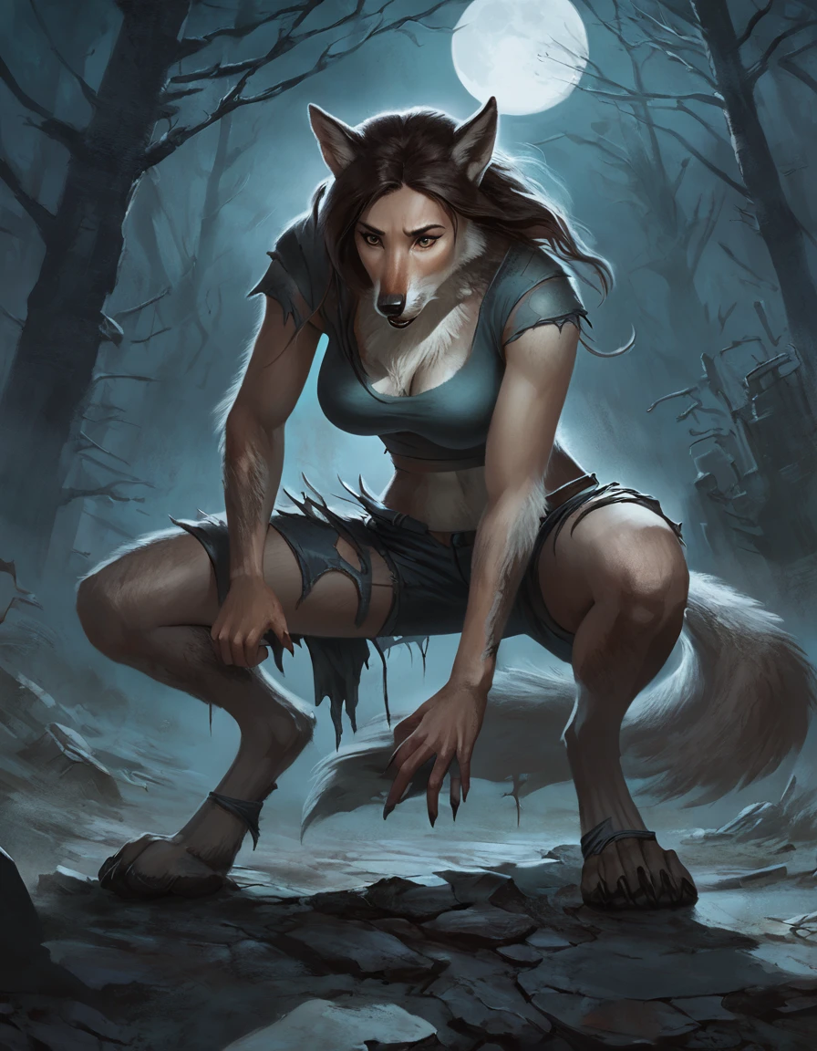 Woman mid transformation into wolf, concept art, pecs,, torn clothes, masterpiece, fur, snout, high quality, feet, crouching, night, all fours