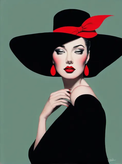 chiaroscuro technique on  illustration of an elegant , retro and vintage ,arafed woman with red lips and a black hat posing for ...