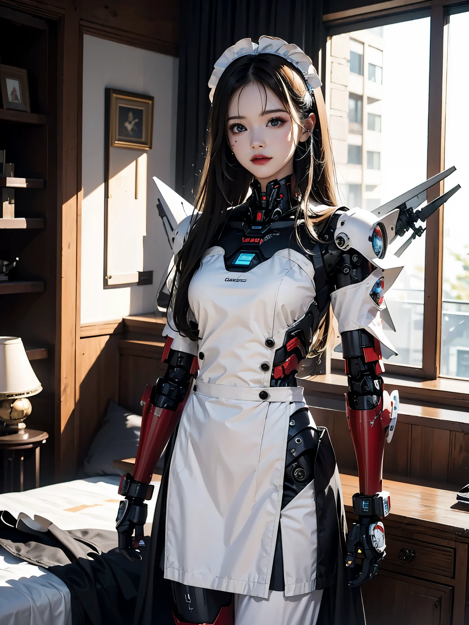 rough skin, Super detailed, advanced details, high quality, 最high quality, High resolution, 1080P, hard disk, beautiful,(War Machine),beautiful cyborg mixed maid female, Mecha cyborg girl,battle mode,Mecha body girl,She is wearing a futuristic War Machine weapon mech., from front, from skirt up, in cute room, bed room, bed,