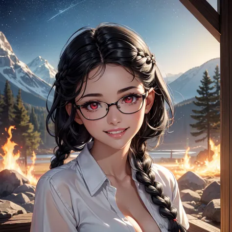 masterpiece, best quality, 8K wallpaper, HDR, octane rendering. A girl with glasses:1.2), wearing (buttoned white shirt), (open ...