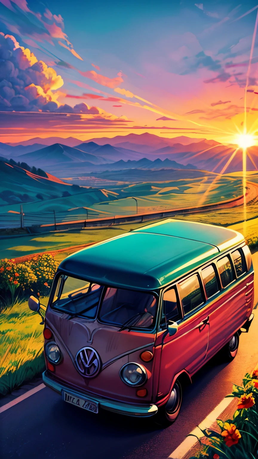 Picture a classic VW Kombi cruising down a perfectly straight highway towards a stunning horizon. The van’s retro design and polished exterior gleam in the soft glow of the setting sun. The road is lined with rolling hills and colorful wildflowers, creating a charming and inviting path.

Above, the sky is painted with deep oranges, pinks, and purples as the sun sets. Wispy clouds catch the fading light, adding a touch of magic to the scene. The Kombi’s engine hums steadily, its iconic shape moving smoothly through the tranquil landscape.

As the Kombi heads towards the radiant horizon, bathed in golden light, the scene captures the spirit of adventure and the timeless appeal of the open road."