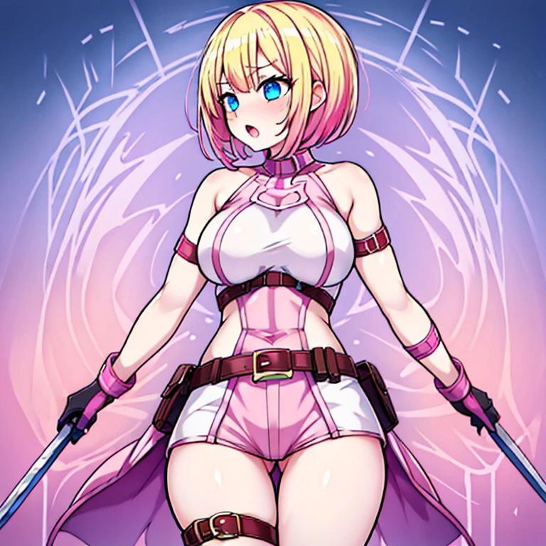 gwenpool, 1girl, weapon, blonde hair, multicolored hair, solo, blue eyes, sword, pouch, superhero, short hair, gradient hair, open mouth, belt, two-tone hair, pink hair, breasts, gloves, belt pouch