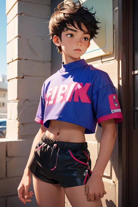 Teen boy 14 years old, boy wears a crop top and too very short shorts 