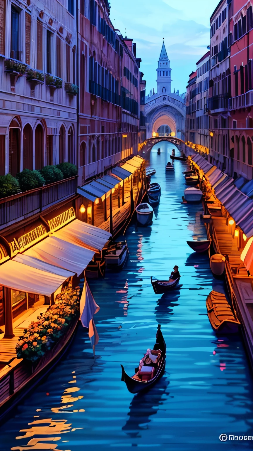 (Better lighting, melhor sombra, obra de arte, alta qualidade), Envision the enchanting city of Venice, Italy, bathed in the soft, romantic glow of evening. As night falls, the labyrinth of canals weaves a shimmering tapestry through the historic architecture, their waters reflecting the twinkling lights of charming street lamps and elegant palazzos. Gondolas glide gracefully along the canals, their silhouettes dark against the glowing reflections, with gondoliers serenading passengers under ancient stone bridges.

The air is filled with the aroma of authentic Italian cuisine wafting from bustling trattorias and candlelit cafes, where patrons enjoy meals al fresco, their laughter and conversation adding to the city's vibrant atmosphere. The grand façade of St. Mark's Basilica and the imposing Campanile tower over the Piazza San Marco, their intricate details highlighted by the soft, ambient lighting.

Narrow cobblestone streets and arched alleyways invite exploration, each turn revealing hidden courtyards, artisan shops, and vibrant markets. The Rialto Bridge stands majestically over the Grand Canal, its marble arch illuminated and bustling with life.

The sound of music drifts through the air, from classical performances in quaint squares to lively jazz bands in cozy bars. Venice at night is a symphony of sights, sounds, and scents, where history and romance intertwine, creating a magical atmosphere that captivates the heart and soul. (nobody) (empty people)