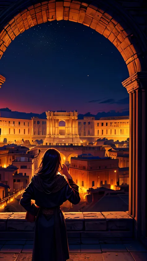 (better lighting, melhor sombra, obra de arte, alta qualidade), imagine the awe-inspiring colosseum in rome as night falls, its ...