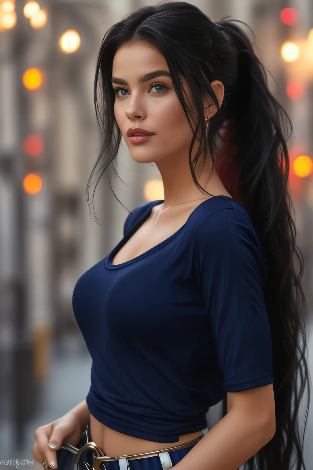 bellissima,1girl,Caucasian woman, blue-black hair, wavy hair, long hair, hair in a ponytail, blue eyes, lined eyes, shiny eyes, highlights blue eyes, red lipstick, makeup, smile, (athletic body), (medium breasts), nipples, (((navy blue top))), Low-cut top, Front shot.