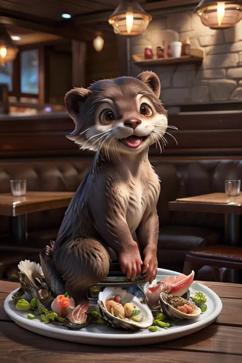 furry anime, cinematics, full body, dynamic view, medium rain effect, a cute otter sitting at a restaurant table helping himself...