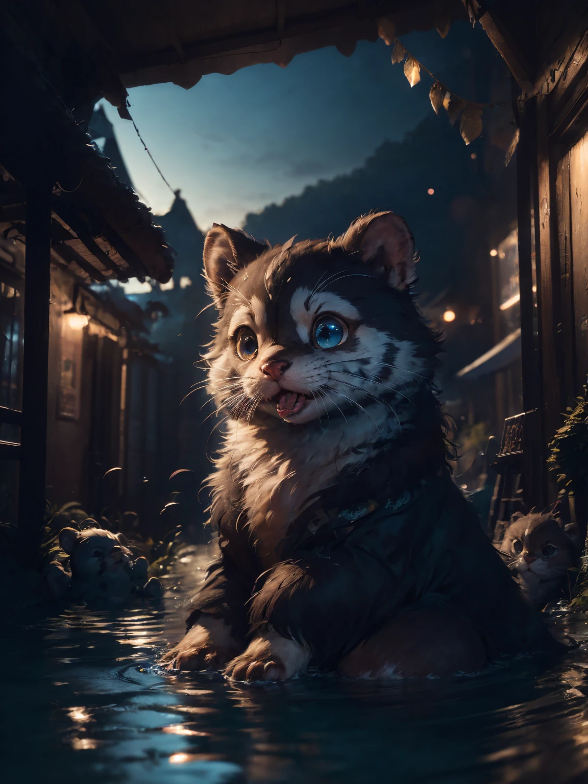 (best quality,HD 8k,highres,masterpiece:1.2),hyper-detailed (hyper-detailed fur, hyper-detailed eyes, hyper-detailed whiskers),adorable otter floating on the water, eating, picturesque scenery, crystal clear reflections, vibrant colors, studio lighting, water ripples, realistic texture, professional, enchanting atmosphere