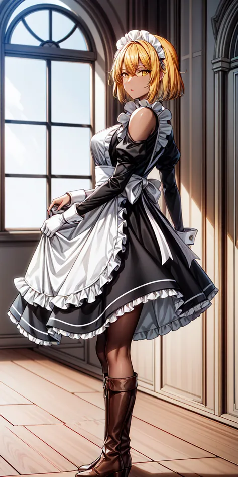 roxanne (mature female:1.4), masterpiece, best quality (maid, maid headdress, maid apron), standing, indoors, window, masterpiec...