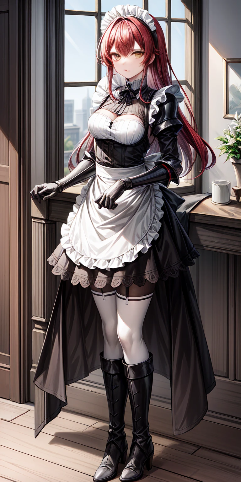 Eris Boreas Greyrat (mature female:1.4), masterpiece, best quality (maid, maid headdress, maid apron), standing, indoors, window, masterpiece, best quality, high quality, dark black SKIN. Long messy hair, yellow eyes, full body, def_effie, blue breastplate, looking at viewer, shiny armor, thigh highs, high boots, shoulder armor, faulds, poleyn, red gloves gauntlets