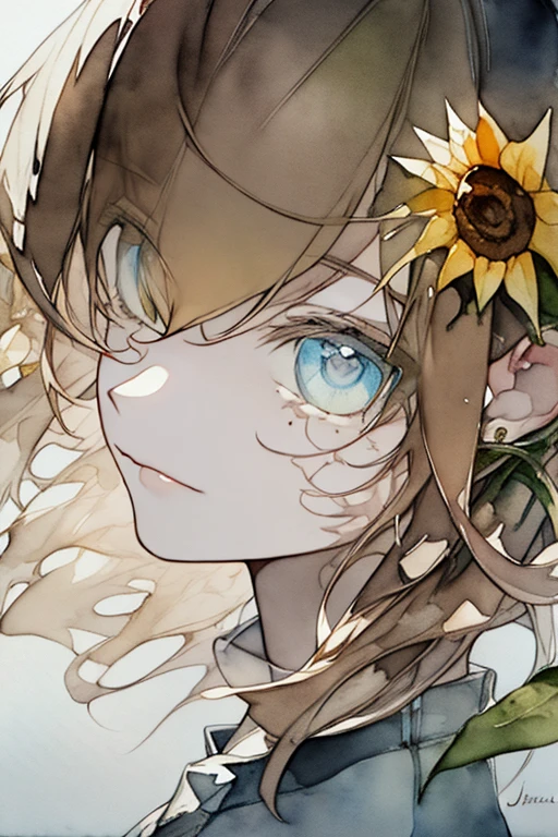 (watercolor:1.2),1girl, solo, flower, sunflower,freckles, portrait, leaf, bangs, signature, yellow flower, brown hair, long hair, green eyes, hair between eyes, flower earrings