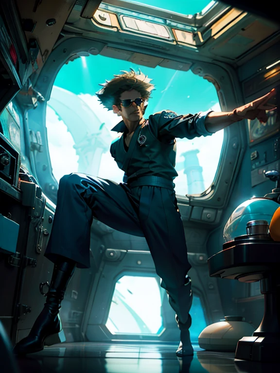 1 male, spike spiegel,  en una nave en el espacio, enfoque masculino, pantalones, torso desnudo, high kick, dynamic, hermosa pose kungfu, artistic,obscuro pocos detalls, sombras, zen,parado junto a una ventana, se mira el espacio, se ve la marte, obscuro, luz y sombra