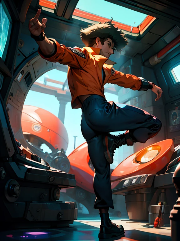 1 Mann, spike spiegel,  auf einem Schiff im Weltraum, Männlicher Fokus, Hose, nackter Oberkörper, hoher Tritt, dynamisch, wunderschöne Kung-Fu-Pose, künstlerisch,obskur pocos detalls, Schatten, zen,neben einem Fenster stehen, Du schaust in den Weltraum, Du siehst den Mars, obskur, Licht und Schatten