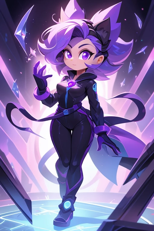 Nome: Violeta

Cor: Cabelos roxos curtos, olhos violeta
Roupa: Black jumpsuit with purple details Specific Power: Habilidades de telecinese
Tela de Fundo: High-tech laboratory with floating equipment Accessories: Special gloves that amplify your powers Introduction: Violeta is a brilliant scientist who has the gift of telekinesis. She uses her powers to manipulate objects with her mind and advance science.. Her brilliant mind and insatiable curiosity make her a force to be reckoned with..