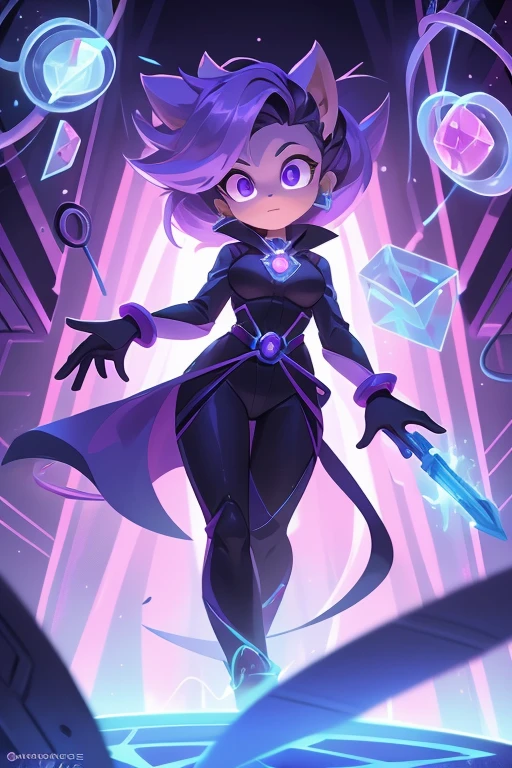 Nome: Violeta

Cor: Cabelos roxos curtos, olhos violeta
Roupa: Black jumpsuit with purple details Specific Power: Habilidades de telecinese
Tela de Fundo: High-tech laboratory with floating equipment Accessories: Special gloves that amplify your powers Introduction: Violeta is a brilliant scientist who has the gift of telekinesis. She uses her powers to manipulate objects with her mind and advance science.. Her brilliant mind and insatiable curiosity make her a force to be reckoned with..