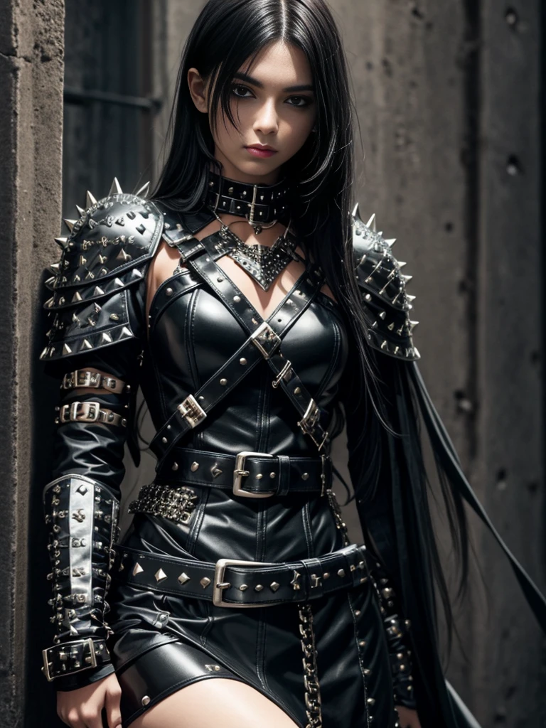 dark haired emo girl in knight armor, black studded belt, studded bracelet, boots with buckles, studded collar, leather harness, 