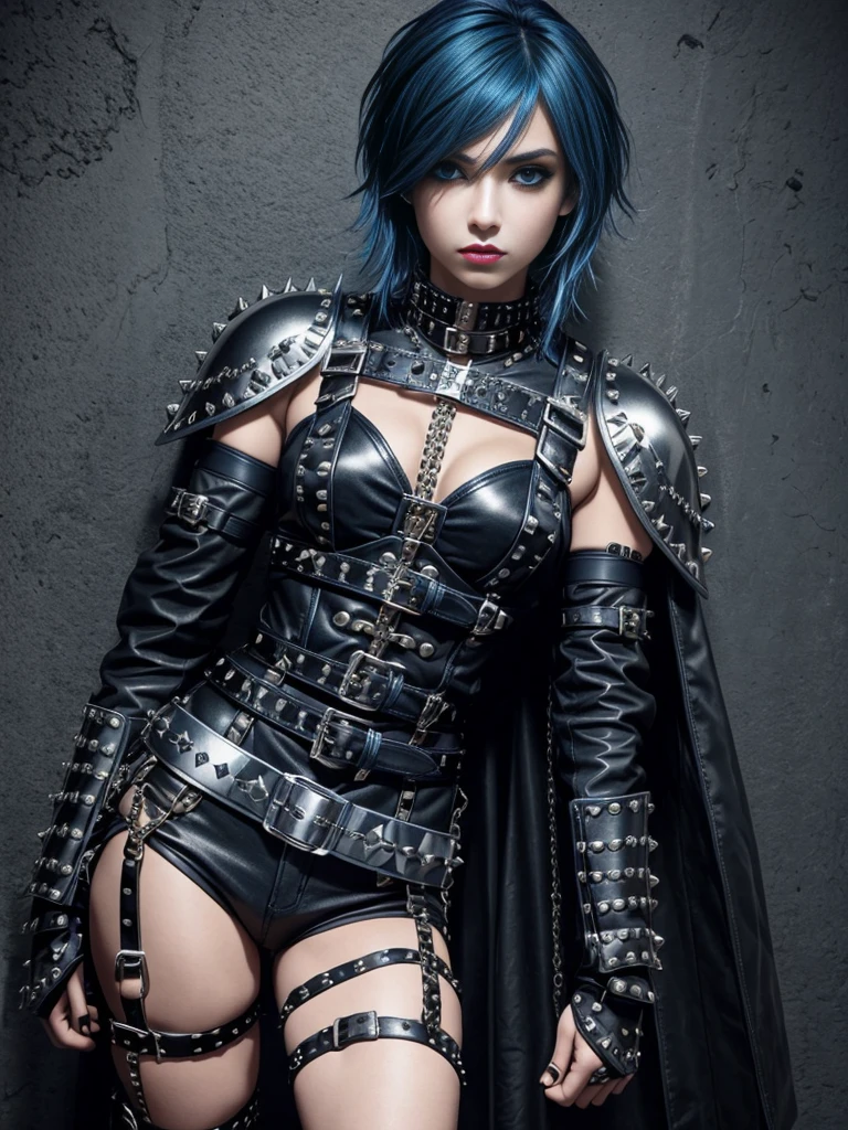 blue haired emo girl in knight armor, black studded belt, studded bracelet, boots with buckles, studded collar, leather harness, 