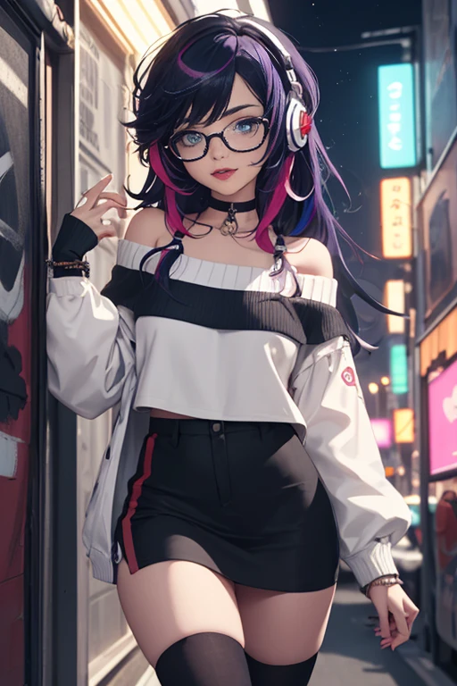 ((best quality)), ((masterpiece)), (detailed), perfect face, female, gamer girl, aqua eyes, cherry-red lips, light smile, long black hair, purple streaks, wearing headphones, bangs, ribbon, choker, bracelet, nerdy glasses, sleeves past fingers, black off-shoulder sweater, white skirt, thigh-highs, gamer girl's bedroom, nighttime, neon lights, colorful lights