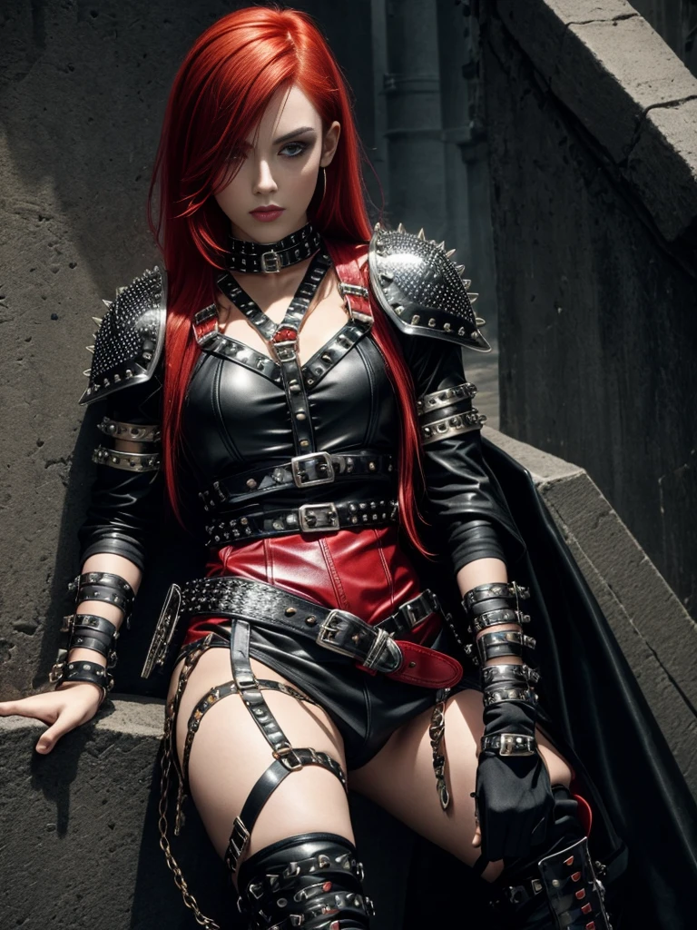 garish red haired emo girl in knight armor, black studded belt, studded bracelet, boots with buckles, studded collar, leather harness, 