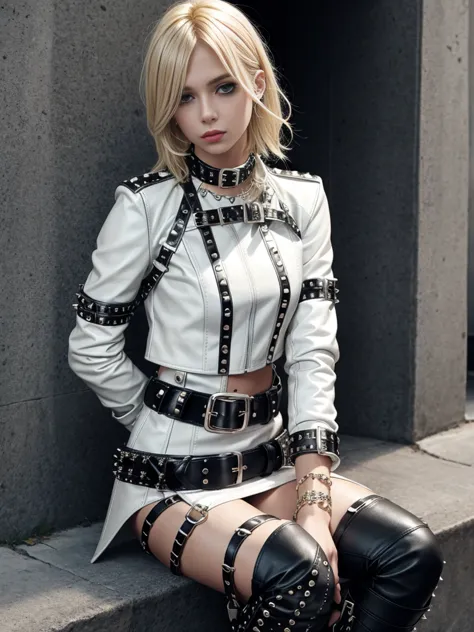 blonde emo girl in white leather clothes, black studded belt, studded bracelet, boots with buckles, studded collar, leather harn...