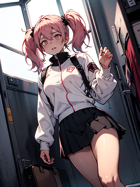 tadano con uniforme de sirvienta, pink hair, twin tails, constricted pupils, short skirt, medias blanca, adorno mucama cabeza