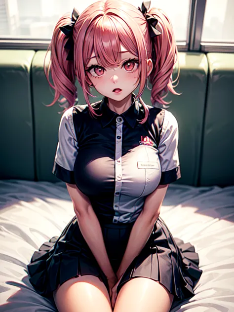 tadano con uniforme de sirvienta, pink hair, twin tails, constricted pupils, short skirt, medias blanca, adorno mucama cabeza