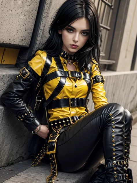 dark haired emo girl in yellow leather clothes, black studded belt, studded bracelet, boots with buckles, studded collar, leathe...