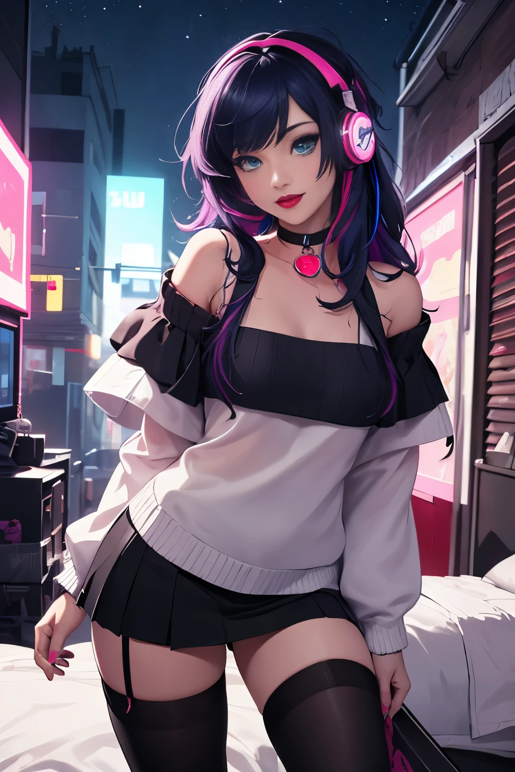 ((best quality)), ((masterpiece)), (detailed), perfect face, female, gamer girl, aqua eyes, cherry-red lips, light smile, long black hair, purple streaks, wearing headphones, bangs, ribbon, choker, bracelet, sleeves past fingers, black off-shoulder sweater, white skirt, thigh-highs, gamer girl's bedroom, nighttime, neon lights, colorful lights