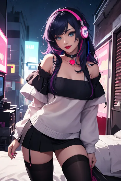 ((best quality)), ((masterpiece)), (detailed), perfect face, female, gamer girl, aqua eyes, cherry-red lips, light smile, long b...