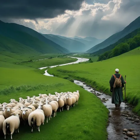 The shepherd leads the white flock to rest by the stream, near the vast green meadows, in the distance there is a valley of dark...