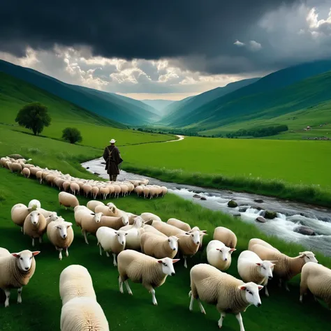 The shepherd leads the white flock to rest by the stream, near the vast green meadows, in the distance there is a valley of dark...