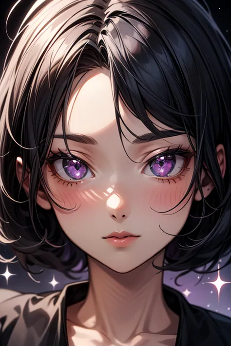 ((best quality)), ((masterpiece)), (detailed), anime girl, perfect face, short black hair, purple eyes, start in eyes, sparkles,...