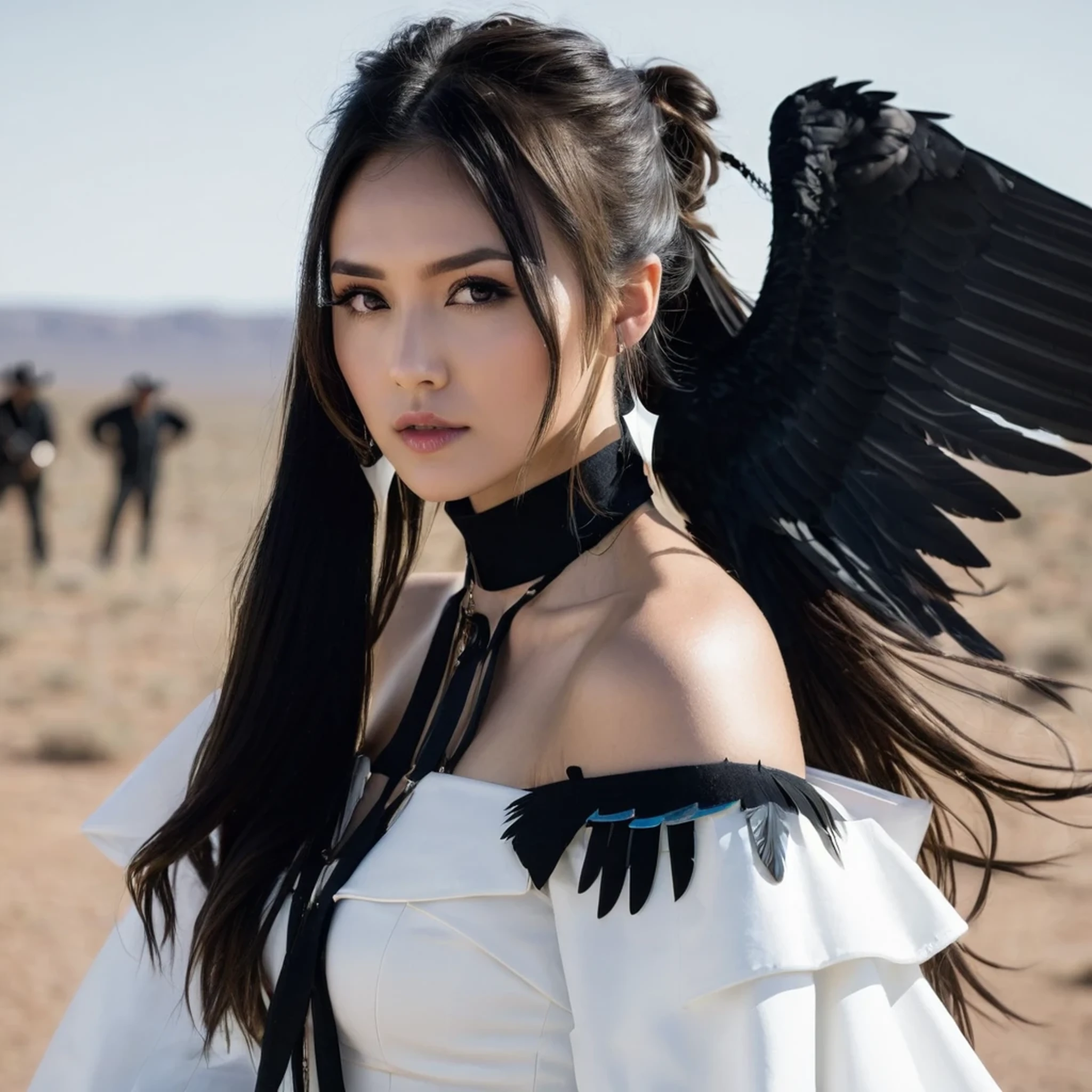 cowboy shot, (black wings:1.2), very long hair, side ponytail, choker, holding, off shoulder, (white dress:1.3), white jacket,halo,