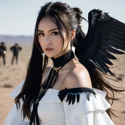 cowboy shot, (black wings:1.2), very long hair, side ponytail, choker, holding, off shoulder, (white dress:1.3), white jacket,ha...