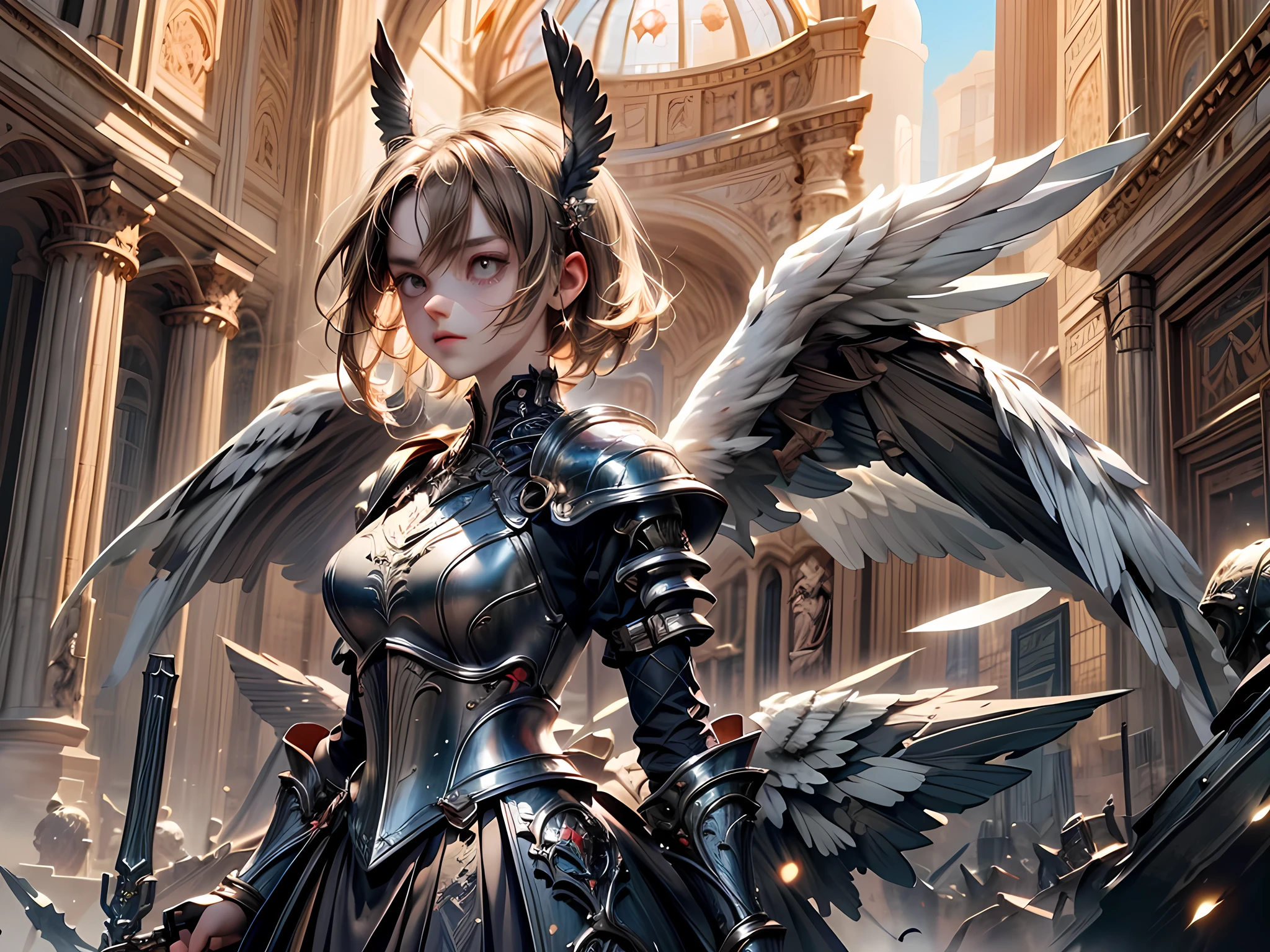 16K, ultra detailed, masterpiece, best quality, (extremely detailed), arafed, dnd art, portrait, full body, aasimar, female, (Masterpiece 1.3, intense details), female, paladin, holy warrior fighting undead (Masterpiece 1.3, intense details) large angelic wings, white angelic wings spread (Masterpiece 1.3, intense details), dark fantasy cemetery background, moon light, moon, stars, clouds, wearing (white: 1.1)  armor (Masterpiece 1.3, intense details), holy symbol, armed with sword, short blond hair,  detailed face, (Masterpiece 1.5, best quality), anatomically correct (Masterpiece 1.3, intense details), angel_wings, determined face, god rays, cinematic lighting, glowing light, silhouette, from outside, photorealism, panoramic view  (Masterpiece 1.3, intense details) , Wide-Angle, Ultra-Wide Angle, 8k, highres, best quality, high details, armored dress, landing_wings