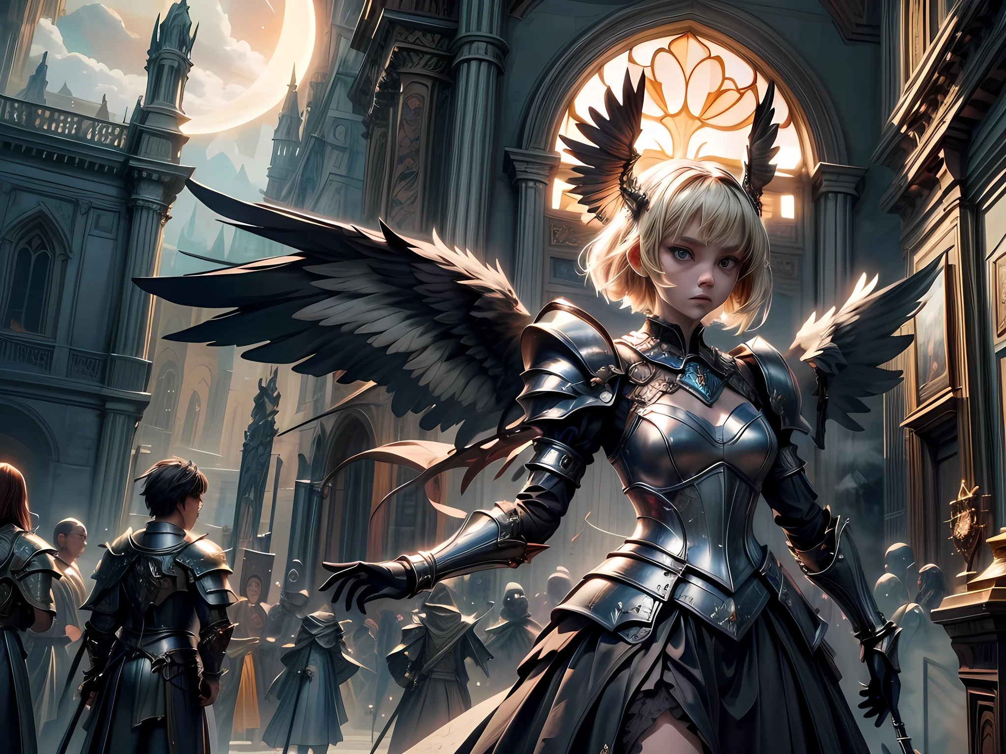 16K, ultra detailed, masterpiece, best quality, (extremely detailed), arafed, dnd art, portrait, full body, aasimar, female, (Masterpiece 1.3, intense details), female, paladin, holy warrior fighting undead (Masterpiece 1.3, intense details) large angelic wings, white angelic wings spread (Masterpiece 1.3, intense details), dark fantasy cemetery background, moon light, moon, stars, clouds, wearing (white: 1.1) armor (Masterpiece 1.3, intense details), holy symbol, armed with sword, short blond hair, detailed face, (Masterpiece 1.5, best quality), anatomically correct (Masterpiece 1.3, intense details), angel_wings, determined face, god rays, cinematic lighting, glowing light, silhouette, from outside, photorealism, panoramic view (Masterpiece 1.3, intense details) , Wide-Angle, Ultra-Wide Angle, 8k, highres, best quality, high details, armored dress, landing_wings