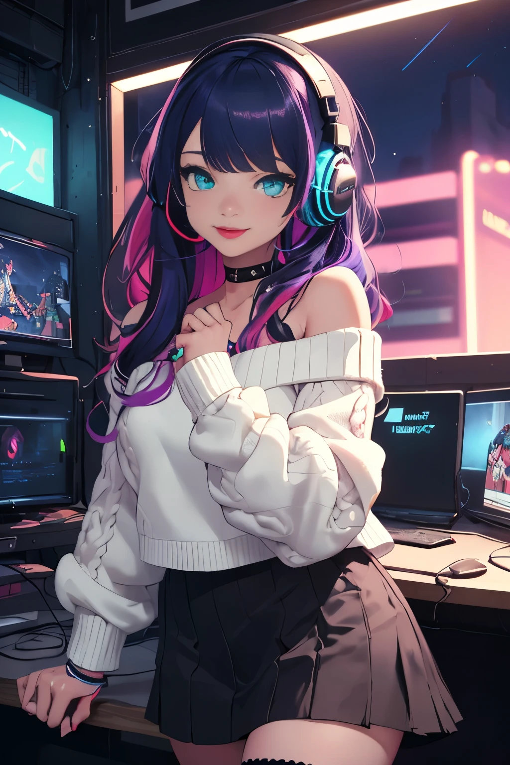 ((best quality)), ((masterpiece)), (detailed), perfect face, female, gamer girl, aqua eyes, cherry-red lips, light smile, long black hair, purple streaks, wearing headphones, bangs, ribbon, choker, bracelet, sleeves past fingers, black off-shoulder sweater, white skirt, thigh-highs, gamer girl's bedroom, nighttime, neon lights, colorful lights