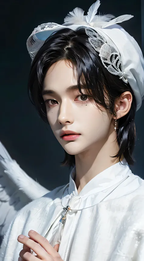Beautiful boy angel in medieval white clothes, Above the beautiful and realistic clouds, big and realistic white feathers,  masu...