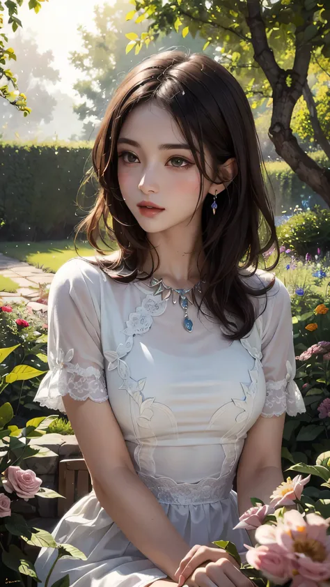 (best quality, ultra-detailed), oil painting, beautiful detailed eyes and lips, flowers in the garden, sunlight filtering throug...