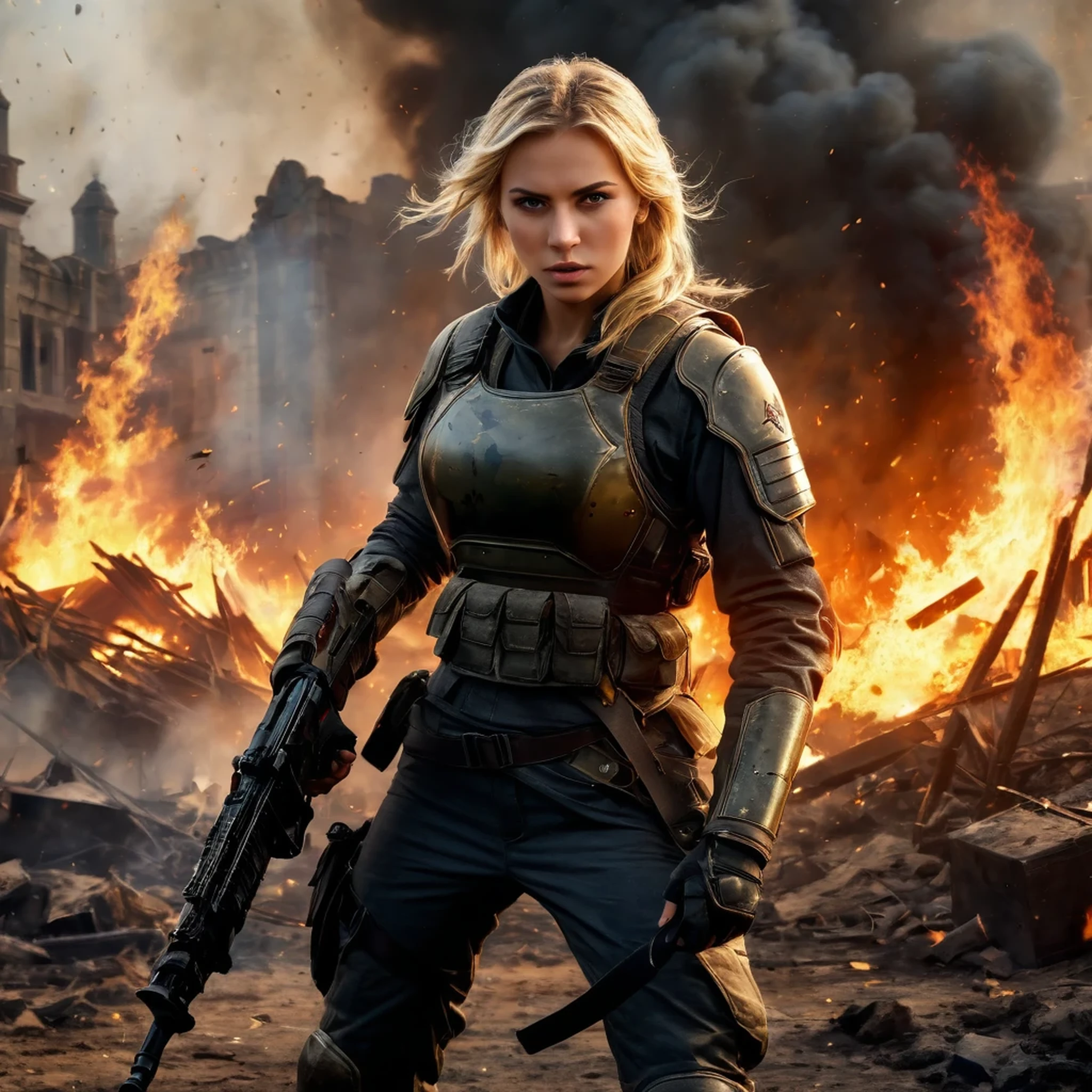 (masterpiece:1.5), (bestquality), (highlydetailed), (ultra-detailed), (1girl:1.2), (full body:1.2), (young girl), (blonde hair), (weapon in hand), (war battle scene), (bloody atmosphere), (smoke), (fire), (corpses), (chaotic background), (explosions), (torn clothing), (determined expression), (sweat and dirt), (injured), (dynamic pose), (broken armor), (burnt landscape), (fighting stance), (smoldering debris), (flames:1.3), (battle cries), (sounds of war:1.1)