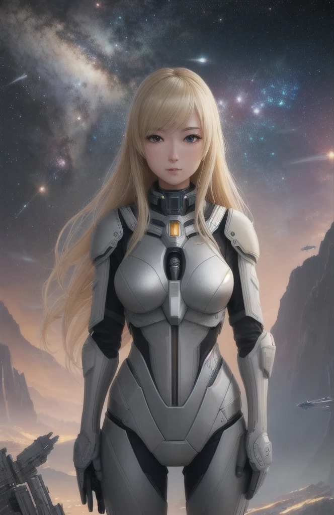 Proportional eyes, (Practical:1.5),photoPractical, hyper Practical, Extremely detailed, Super detailed, soft light, Detailed background, Extremely detailed的背景, Sharp details, Science Fiction, space, Poster Girl, Blonde, Poster