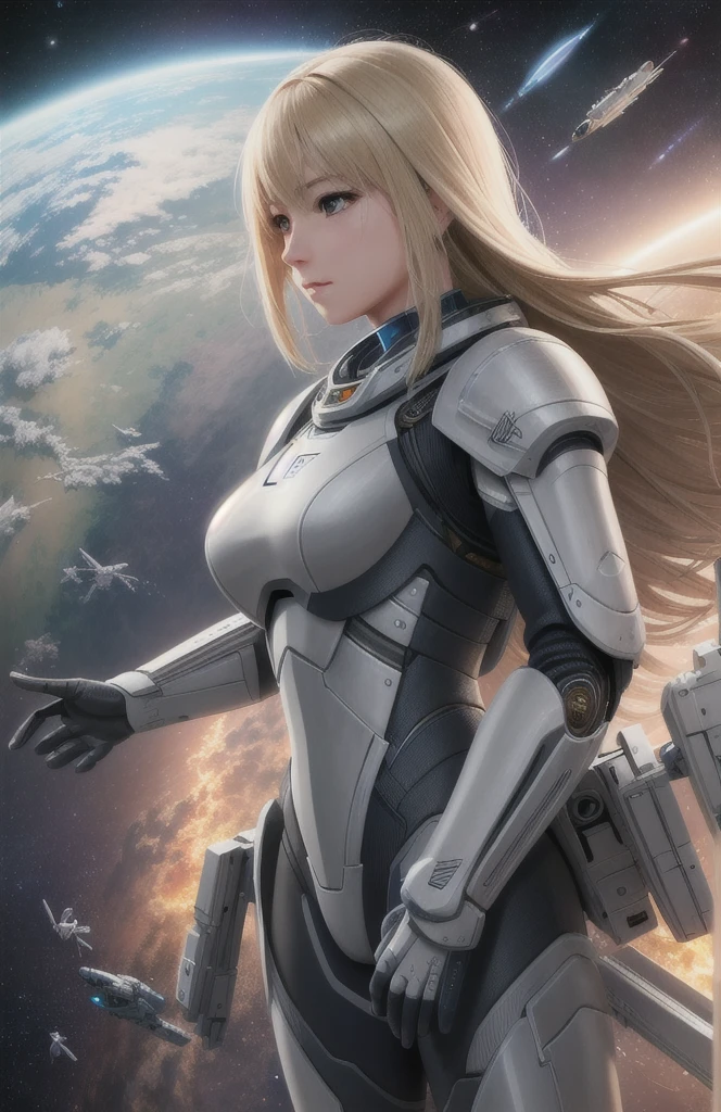 Proportional eyes, (Practical:1.5),photoPractical, hyper Practical, Extremely detailed, Super detailed, soft light, Detailed background, Extremely detailed的背景, Sharp details, Science Fiction, space, Poster Girl, Blonde, Poster