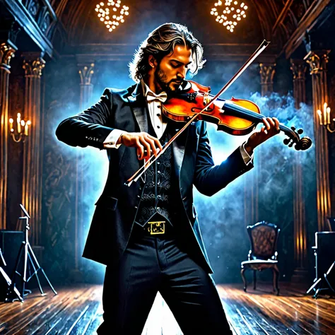 arafed image of a man playing a violin in a dark room, fantasy violin, kerem beyit, just art for dark metal music, dark but deta...