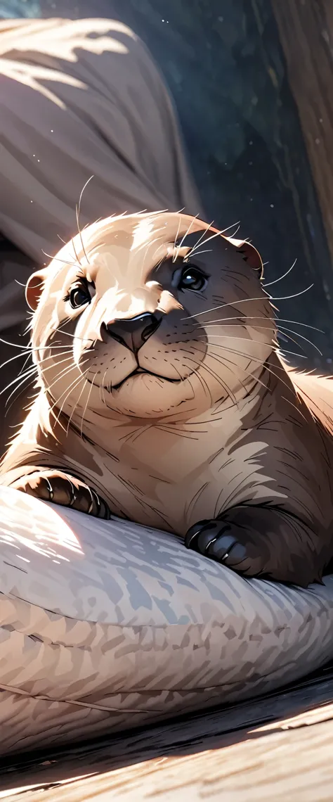 ((Masterpiece, top quality, high resolution)), ((highly detailed CG unified 8K wallpaper)), close up photo of a An Otter, Relaxing on a woman's leg, Cute and sitting,